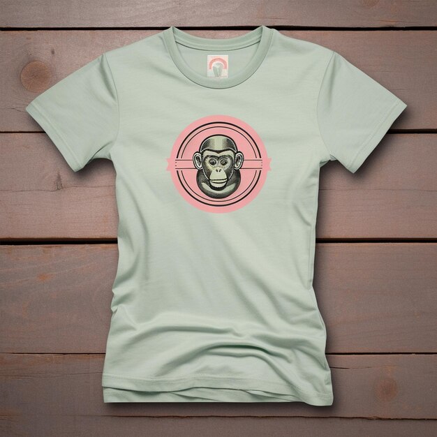 Foto uma camiseta verde com um macaco está pendurada em uma superfície de madeira.