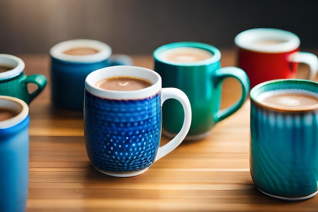 Foto uma caneca azul com um desenho de uma xícara de café em uma mesa de madeira.