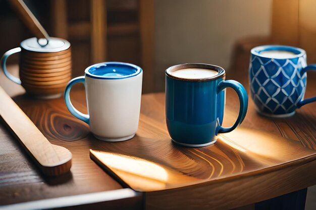 Uma caneca azul com uma tampa que diz " café ".