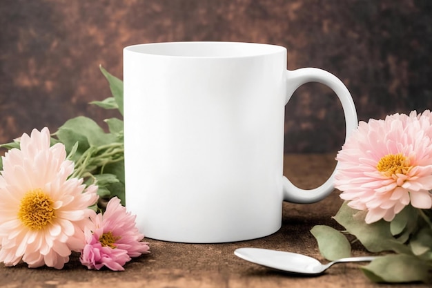 Uma caneca branca com flores cor de rosa em uma mesa