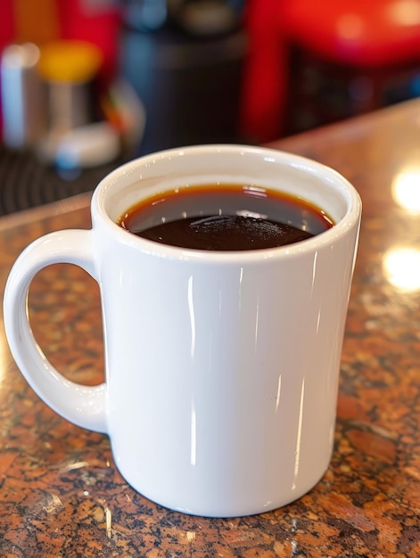 uma caneca branca com um líquido castanho nela