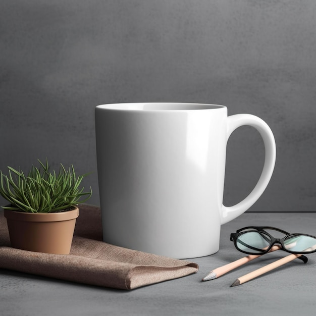 Uma caneca branca e copos estão sobre uma mesa ao lado de uma planta e um lápis sobre uma mesa.