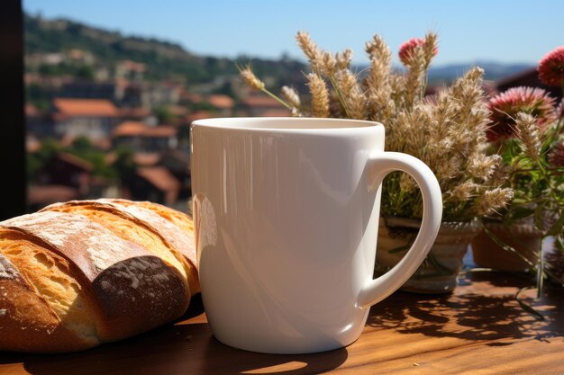 Foto uma caneca branca e uma massa apetitosa em um fundo de verão