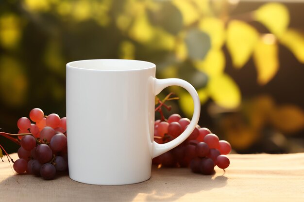 uma caneca branca em branco com maquete de alça Vinho e Uvas para o conceito de celebração para o seu ou