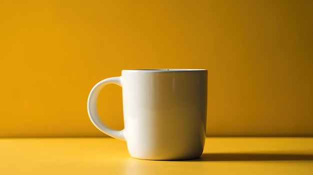 Uma caneca branca está sobre uma mesa amarela em frente a um fundo amarelo.