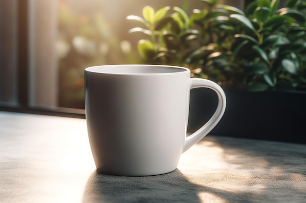 Uma caneca branca está sobre uma mesa em frente a uma janela com plantas ao fundo.