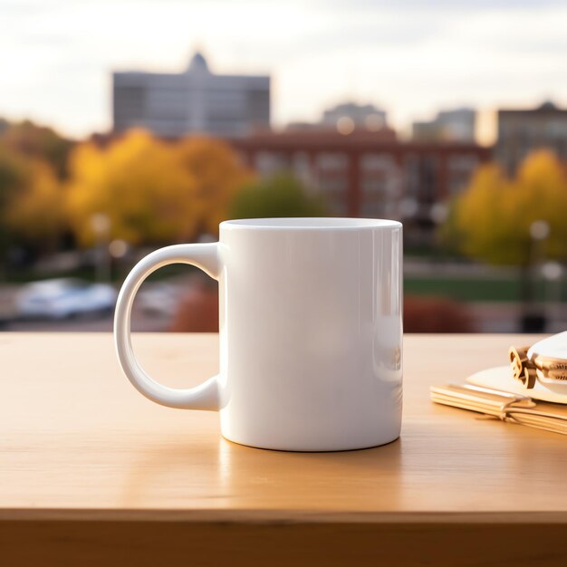 Foto uma caneca branca numa mesa.