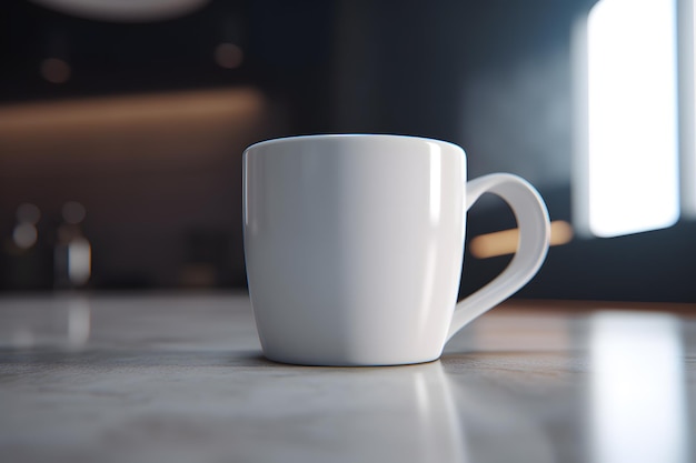 Uma caneca branca sobre uma mesa com fundo escuro