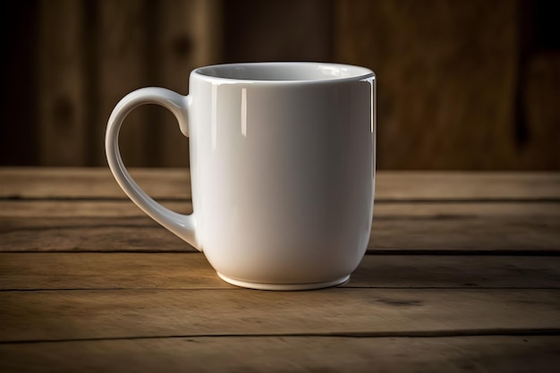 Uma caneca branca sobre uma mesa de madeira com fundo escuro.