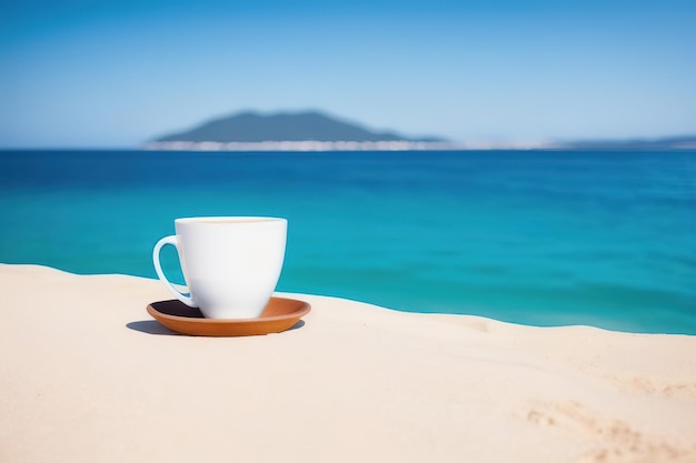 Uma caneca com café em uma mesa em uma ilha tropical no contexto da água azul
