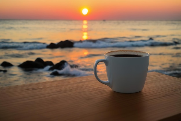 Uma caneca com café em uma mesa em uma ilha tropical tendo como pano de fundo as ondas do mar Generative AI