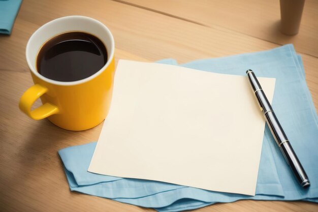 Uma caneca com café sobre a mesa, uma caneta sobre um guardanapo para composição de maquete de anotações IA generativa