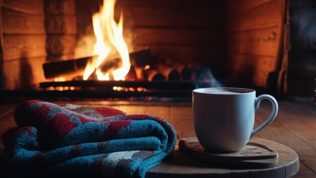 Uma caneca com chá quente ou café na frente de uma lareira ardente conforto e calor da lareira