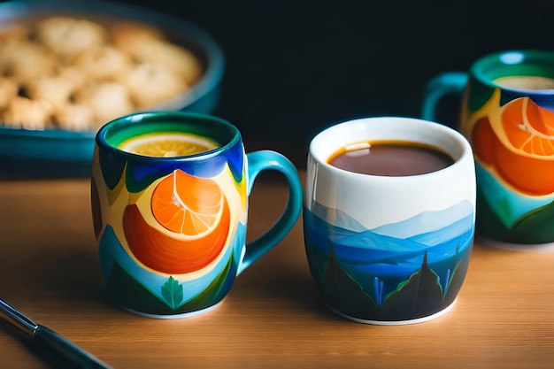 Foto uma caneca com laranjas e uma xícara de chá