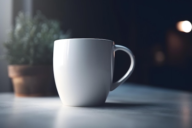 Uma caneca de café branca está sobre uma mesa com uma planta ao fundo.