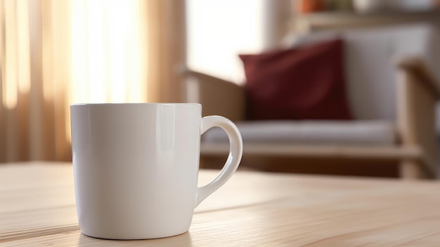 Uma caneca de café branca sobre uma mesa de madeira em um quarto com uma cama ao fundo.
