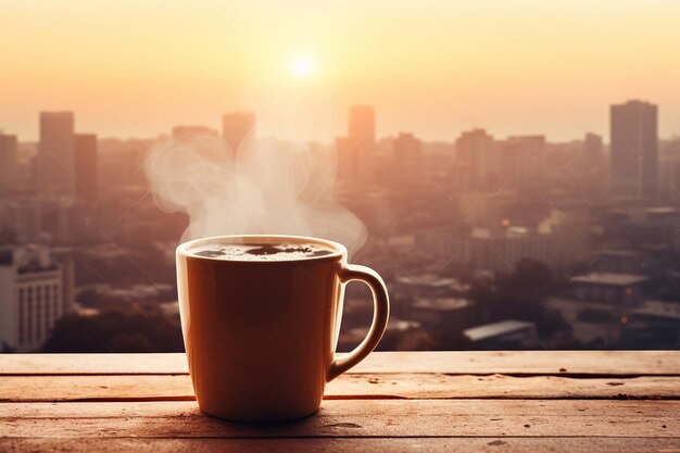 Foto uma caneca de café com o horizonte da cidade ao amanhecer