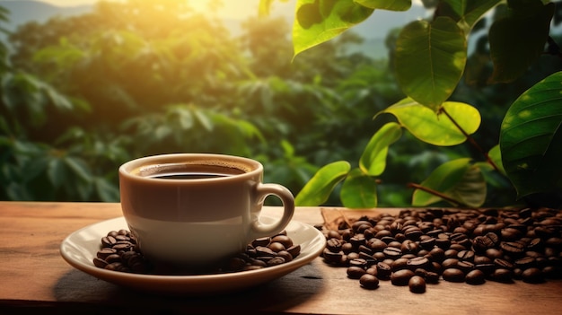 Uma caneca de café e grãos de café está em uma mesa de madeira contra um fundo de campos de café criados com tecnologia de IA generativa