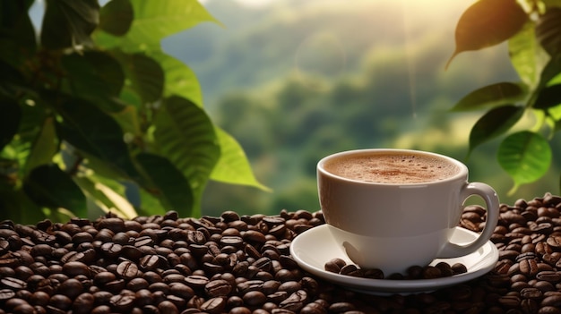 Uma caneca de café e grãos de café está em uma mesa de madeira contra um fundo de campos de café criados com tecnologia de IA generativa