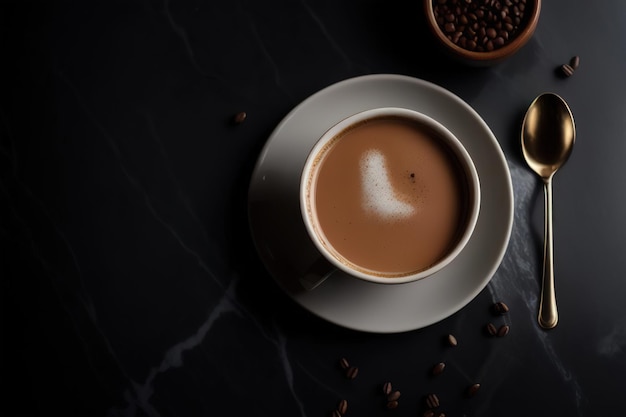 Uma caneca de café em uma mesa com feijão em um tampo de mármore Gerador de IA