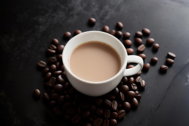 Uma caneca de café em uma mesa com feijão em um tampo de mármore Gerador de IA