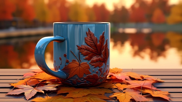 Uma caneca de café fofa e elegante no terraço de outono