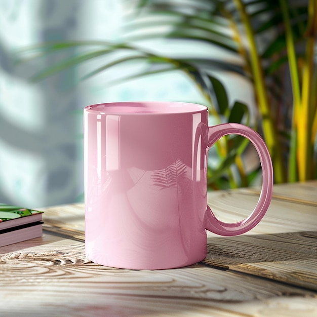 uma caneca de café rosa está sentada em uma mesa ao lado de uma planta em vaso
