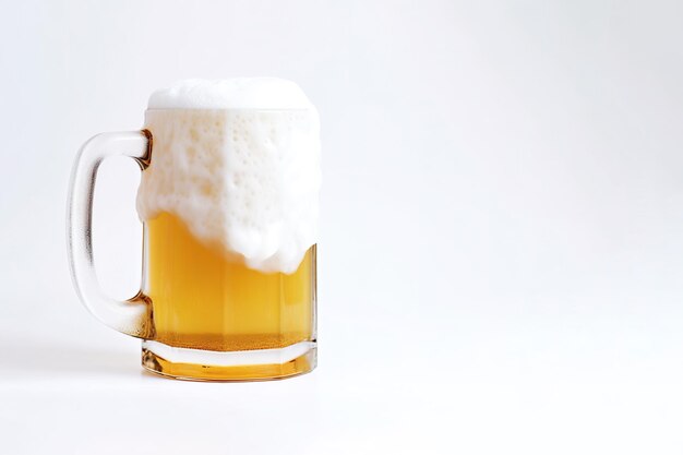 uma caneca de cerveja com espuma isolada no fundo branco com espaço de cópia