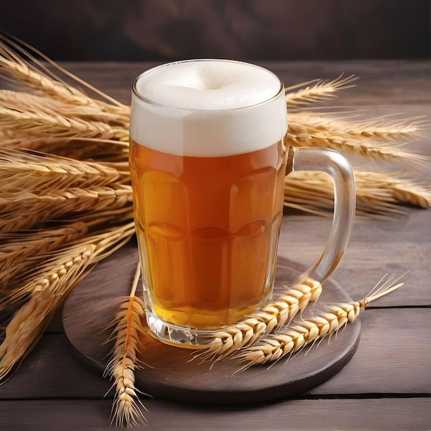 Foto uma caneca de cerveja e espikelets de trigo na mesa