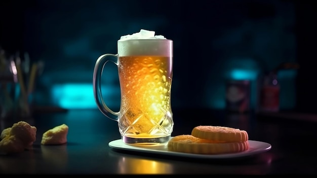 Uma caneca de cerveja e um prato de biscoitos