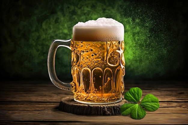 Uma caneca de cerveja em vidro com trevo de quatro folhas