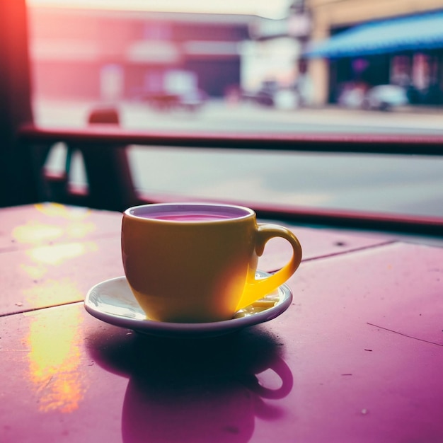 Uma caneca de chá quente pela manhã em um café