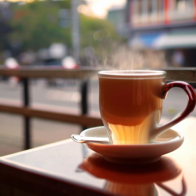 Uma caneca de chá quente pela manhã em um café