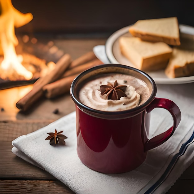 Foto uma caneca de chocolate quente com anis estrelado por cima.