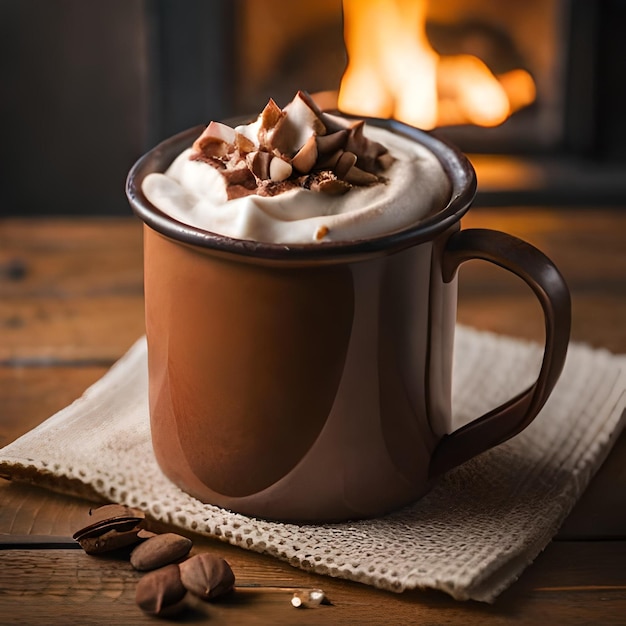 Uma caneca de chocolate quente com chantilly e chocolate por cima.