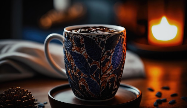 Uma caneca de chocolate quente está em uma base para copos ao lado de uma lareira acesa.