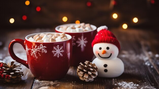 Uma caneca de Natal de chocolate quente com pequenos marshmallows em forma de boneco de neve