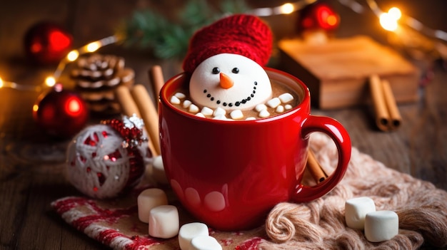 Uma caneca de Natal de chocolate quente com pequenos marshmallows em forma de boneco de neve