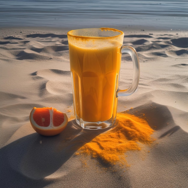 Uma caneca de suco de laranja fica na areia ao lado de meia laranja.