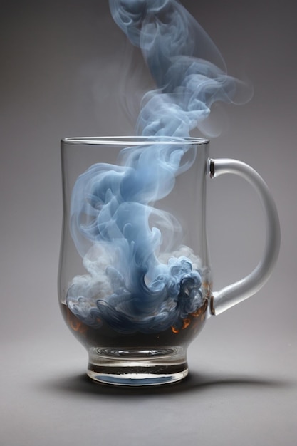 Uma caneca de vidro com uma espessa pluma de fumaça subindo de sua superfície