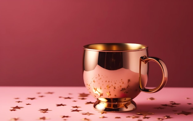 Uma caneca dourada com a palavra ouro está sobre uma mesa rosa com confete.