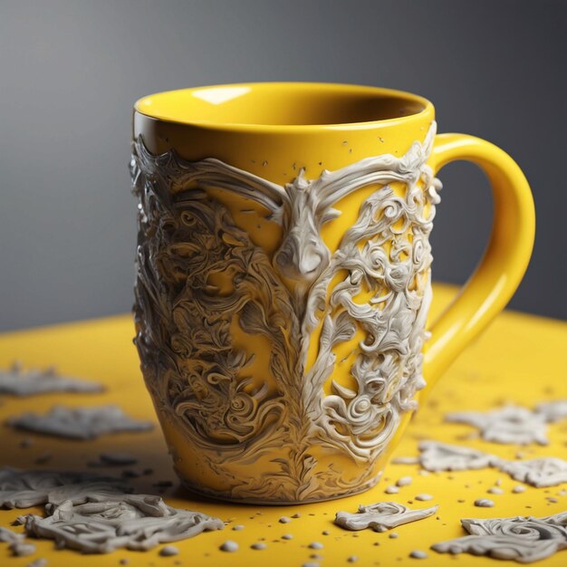 Foto uma caneca em fundo amarelo