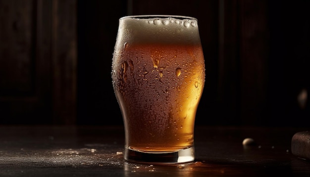 Uma caneca espumosa de cerveja gelada em uma mesa de madeira gerada por IA