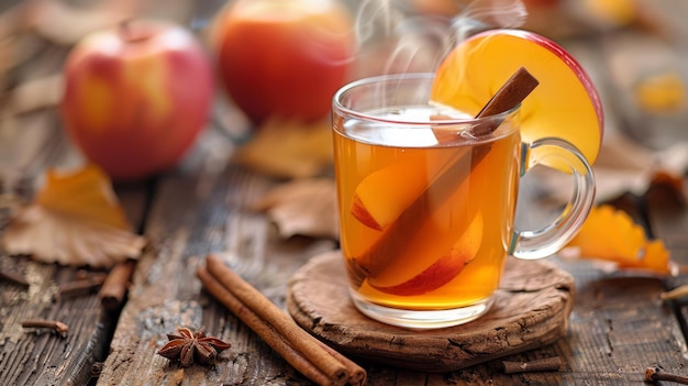 Uma caneca fumegante de sidra de maçã com bastões de canela e uma fatia de mação