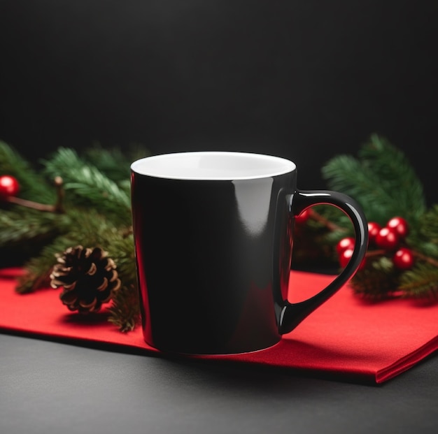 Uma caneca preta com uma fita vermelha e uma decoração de natal vermelha.