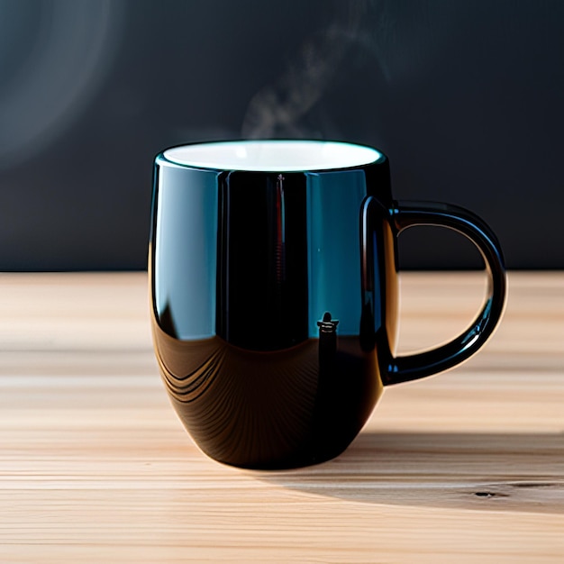 Uma caneca preta e branca com alça preta e uma xícara branca com vapor saindo dela