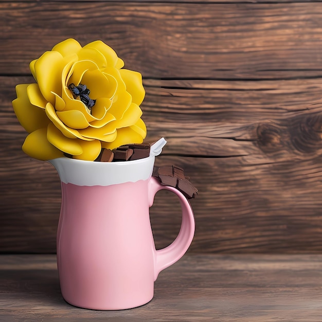 Uma caneca rosa com uma flor amarela