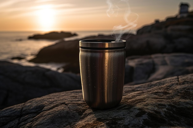 Uma caneca turística de metal com bebida quente no fundo das montanhas da natureza Generative ai