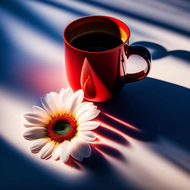 Uma caneca vermelha com uma flor ao lado