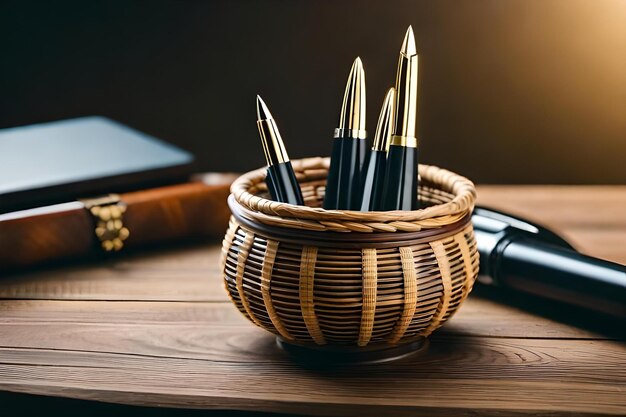 Uma caneta e lápis estão sobre uma mesa.